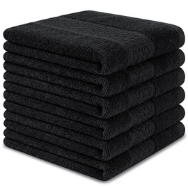 INFICRIME 6 Pack 100% Cotton Wash Cloth, 13x13 Inch Highly Absorbent and Soft Feel Fingertip Towels, Machine Washable Washcloths for Bathroom, Gym, Hotel, Spa and Kitchen, Black