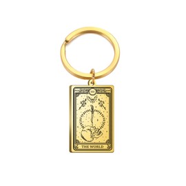 TEAMER Skeleton Tarot Cards Keychains Stainless Steel Amulet Marigold Tarot Card Major Arcana Keyring for Keys Cars Bags (Gold-THE WORLD)