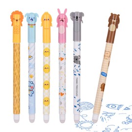 HABNI Set of 6 Erasable Gel Pens Set, 0.5 mm Erasable Gel Pen, Kawaii Animal Design Erasable Pen, School Office Supplies, Temperature Sensitive Ink (Blue)