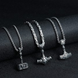 JeryWe Mjolnir Necklace Stainless Steel Viking Jewelry for Men Women Mjolnir Pendant Necklace Viking Hammer Necklace Vintage Thor Miljonir Necklace 61cm, Stainless Steel