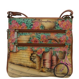Anuschka Women’s Hand Painted Genuine Leather Expandable Travel Crossbody - Vintage Bike