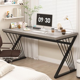 FOLUBAN Modern Desk, Rustic Wood and Metal Computer Desk for Home Office, Simple Study Writing Gaming Table for Bedroom Living Room, Light Grey, 53 Inch