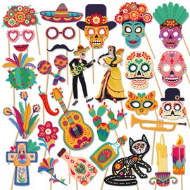 Mexican Day of The Dead Photo Booth Props,Fiesta Dia De Los Muertos Photo Backdrop,Skull Mexican Fiesta Selfie Props for Mexican Party Decorations