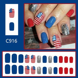 24pcs 4th of July Press on Nails Short Square Fake Nails Independence Day Acrylic Nails Blue Red Patriotic False Nails with Stripe Design Glitter Star Glue on Nails for Women Manicure Decorations