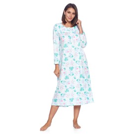 Casual Nights Women's Floral Long Sleeve Sleep Dress Full Length Henley Nightgown, Green, L