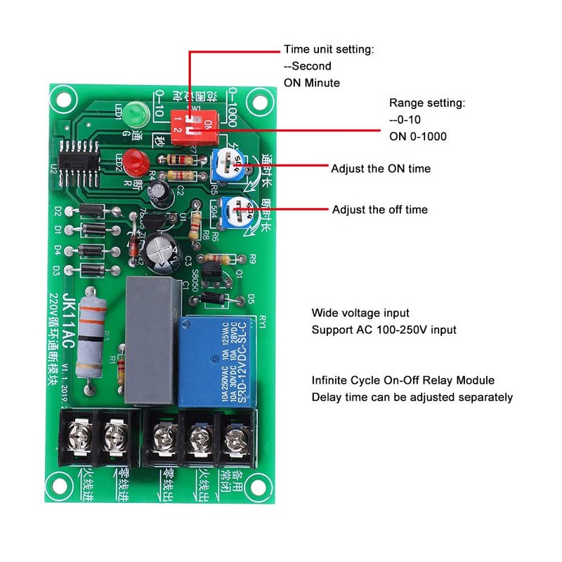 Infinite Cycle Relay Module On-Off Relay AC 100-250V Adjustable Delay