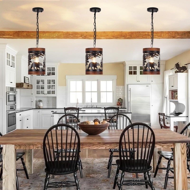 Rustic Bear Pendant Light, 1-Light Farmhouse Wood and Metal Cage