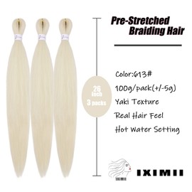 IXIMII 613# Pre Stretched Braiding Hair 26 inch 3 packs Soft Pre-Stretched Braids Hair Blonde Color Long Straight Synthetic Crochet Braids Yaki Texture Hot Water Setting Hair Extensions