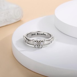 Butterfly Spinner Just Breathe Rings for Women 925 Sterling Silver Anxiety Fidget Ring Jewelry Gifts, Silver, Cubic Zirconia