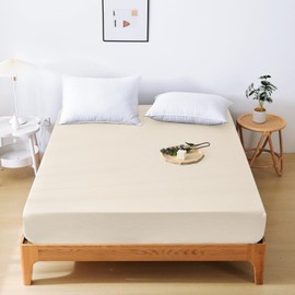 HEVUMYI Fitted Sheet, Absorbent, Quick Drying, Fits Mattresses 2.0–11.8 Inches (5–30 cm) in Thickness, Semi-Double, 47.2 x 78.7 Inches (120 x 200 cm), Antibacterial, Odor Resistant, Washable, Beige