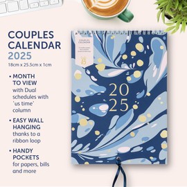 Busy B 2025 Calendar Couples Wall Calendar - Navy Marble Slim Design with Dual Schedules, Monthly Pockets & Stickers - A5 Hanging Calendar for Shared Planning, Birthdays & Important Dates - Jan to Dec