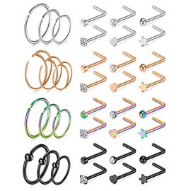 Mayhoop 20g Stainless Steel Nose Rings Hoop L Shape Nose Studs Nose Screw Bone Silver Rose Gold Black Rainbow Pack for Women Men 28Pcs