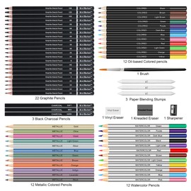 Kird Barken 70 PCS Art Supply Drawing Set, Pro Art Supplies with Tutorial,Colored, Graphite, Charcoal, Watercolor & Metallic Pencil, for Artists Adults Teens Beginner