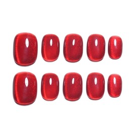 Sun&Beam Nails Handmade Press-on Square Round Red Ruby Magnet False Nail Tips Design Fashionable 10 Pcs Set (#163 S)