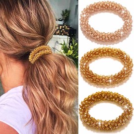 Reaky Beaded Hair Ties Champagne Rhinestone Ponytail Holder Elastic Crystal Hair Scrunchies 3 Pcs Hair Accessories for Women (Champagne)
