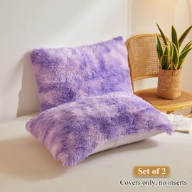 XeGe Faux Fur Fluffy Throw Pillow Cases, Light Purple Plush Shaggy Soft Furry Pillowcases, Velvet Fuzzy Decorative Pillow Covers for Bed Couch Zipper Closure, Set of 2(Standard, Tie Dye Lavender)