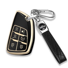 QBUC for Chevy Key Fob Cover with Keychain Soft TPU Protection Case Compatible with Compatible with 2021-2024 Chevy Tahoe Suburban GMC Yukon Denali Silverado 6-Buttons(Gold Trim Black)