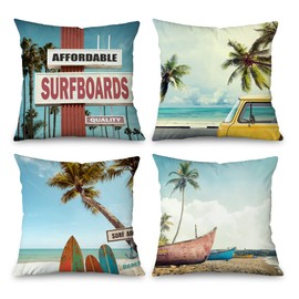Toobaso Summer Beach Decorative Throw Pillow Covers 18x18 inches Set of 4, Palm Tree Surfboard Coastal Beach Home Decor Zippered Pillow Cases Cushion Covers for Living Room Sofa Couch