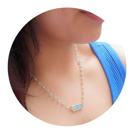 Aquamarine Necklace for Women, Rectangle Premium Gold Beaded Necklaces - Tarnish Free 18K Gold Plated Certified S925 Classic Statement Necklace Gold Jewelry for Women - Mothers Day Gifts for Mom Wife