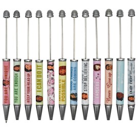 Maydahui 12 PCS Inspirational Beadable Ballpoint Pens Motivational Quotes Retractable Bead Pen DIY Shaft Beaded Pens Metal Black Ink for DIY Making School Party Office Crafting
