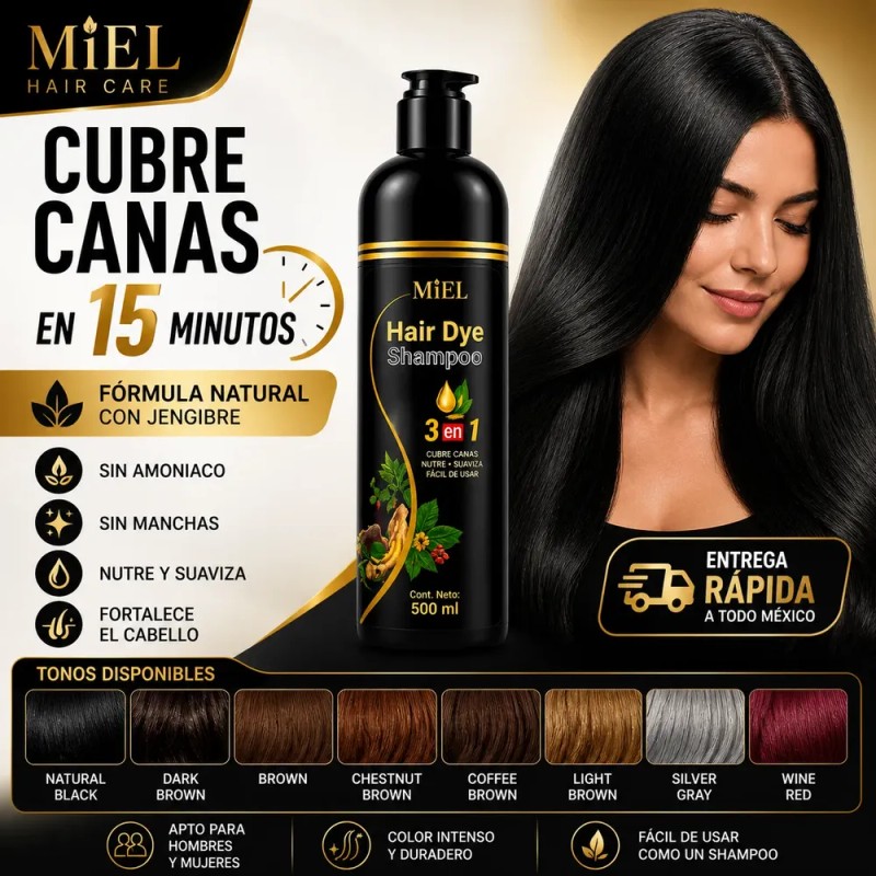 Miel® Shampoo Con Tinte Cubre Canas Natural Jengibre 500ml