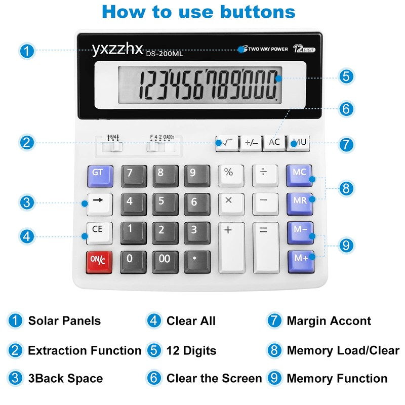 Desk Calculator 12 Digit Extra Large 4.3-Inch LCD Display, Two