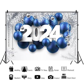 OERJU 7x5ft 2023 New Year Backdrop Blue Balloons Sliver Glitter Spots Xmas Balls Pine Tree Leaves Photography Background Happy New Year Merry Christmas Themed Celebration Decorations Banner