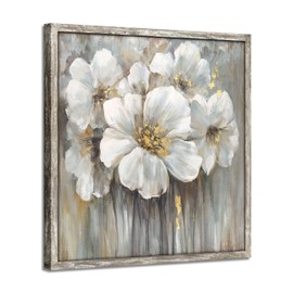 Floral Pictures Wooden Artwork Framed: White Lily Wall Art Botanical with Golden Foil Paintings on Wood Plank for Bedroom (12”W x 12”H, Multi-Sized/Material)