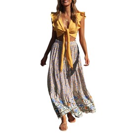 ZESICA Women's 2025 Summer Bohemian Floral Printed Elastic Waist A Line Maxi Skirt with Pockets,Cream,Medium