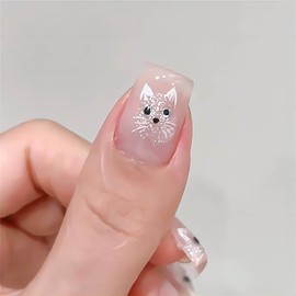 RUOKEXIN Medium Press on Nails Square Fake Nails Pink Cat Eye Nail Press ons Acrylic False Nails with Cute Cat Designs Glitter Artificial Nails Glossy Glue on Nails Natural Stick on Nails for Women