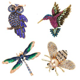 4 Pieces Dragonfly Hummingbird Owl Bee Brooches Animal Shaped Brooch Party Animal Badge Brooch for Clothing Decoration Party Meeting with Friends, Aluminium and inlaid rhinestones