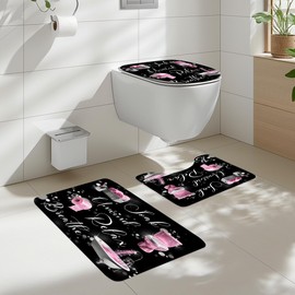 Cinbloo 4Pcs Black Pink Shower Curtain Set, Fashion Funny Quotes Positive Inspirational Words Modern Bathroom Curtain with Rug, Toilet Lid Cover, Bath Mat, Women Girls Shower Curtain with 12 Hooks