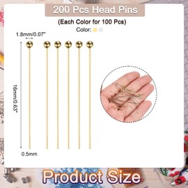 MECCANIXITY 200Pcs Plated Ball Head Pins Jewelry Making 24 Gauge 16mm Wire Head Pins Brass Ball Head Pins End Head Pins for DIY Craft Necklaces Bracelets Earrings, Silver and Gold