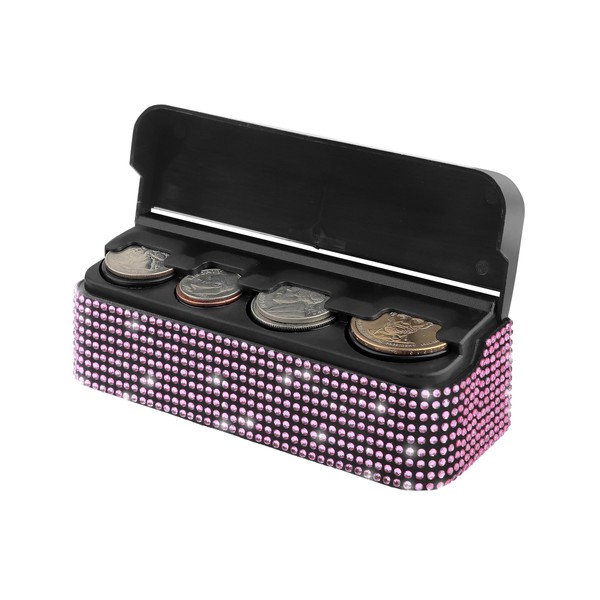 SCUARI Pink Car Coin Holder, 4-Compartment Change Holder with Rhinestones,