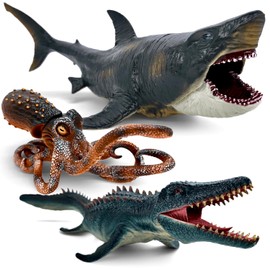 Movable Jaw Ocean Animal Set - 13" Mosasaurus, 10.6" Megalodon Shark & 7.8" Octopus Realistic Action Figure Toys for Kids & Collectors (3pc)