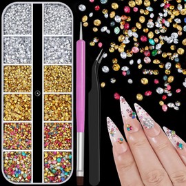 4200 Pcs Nail Art Rhinestones Kit,2-3mm Shiny Gold/Silver/Mixed Colors Rhinestones,3D Pointed Bottom Nail Gems with Tweezers and Dual-end Brush for Manicure Salon DIY Crafts,Face Makeup Gems Jewels