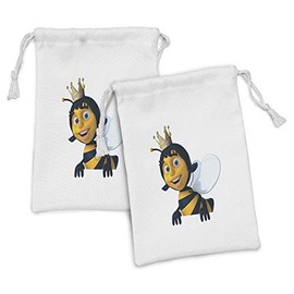 Ambesonne Queen Bee Fabric Pouch Set of 2, Digitally Constructed 3D Queen Bee Crown Mother of Colony, Small Drawstring Bag for Toiletries Masks and Favors, 9" x 6", Earth Yellow Royal Blue