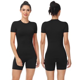 Moozava Compression Shirts Woman Athletic Workout Tops T-Shirts Base Layer Gym Running Yoga BJJ Basketball Short Sleeve Soft Quick Drying Black XL