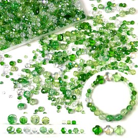 1000Pcs Glass Beads for Jewelry Making Crystal Beads for Bracelet Craft Necklace Earring Making Assorted Color 5 Style/Crackle Round/Briolette Faceted/Bicone/Cube/Four-Leaf Clover / 4 Size