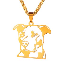 Gold-Plated Stainless Steel Natural Ear Pitbull Pit Bull Staffordshire Bull Terrier Dog Head Outline Pendant Necklace, Approx. 1.35'' x 1.5''
