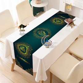 Teslite Eid Mubarak Table Runner, Green Gold Ramadan Runner 72 Inches, Decorations Cloth Cover for Home Dining Islamic Happy Festival Party Decor Supplies