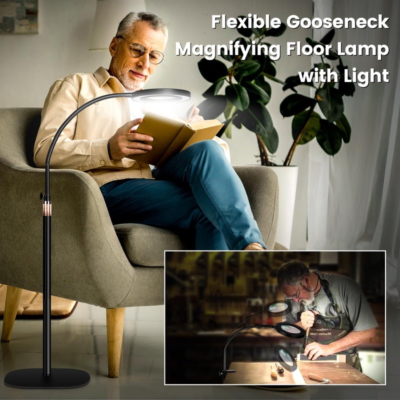 30X 12X Magnifying Glass with Light and Stand, 3-Color Stepless