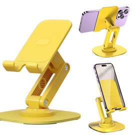 JYWYBF Cell Phone Stand for Desk，360° Rotating Cell Phone Holder with Metal Base, Adjustable Phone Stand for Office, Travel, Thick Phone Cases (Yellow)
