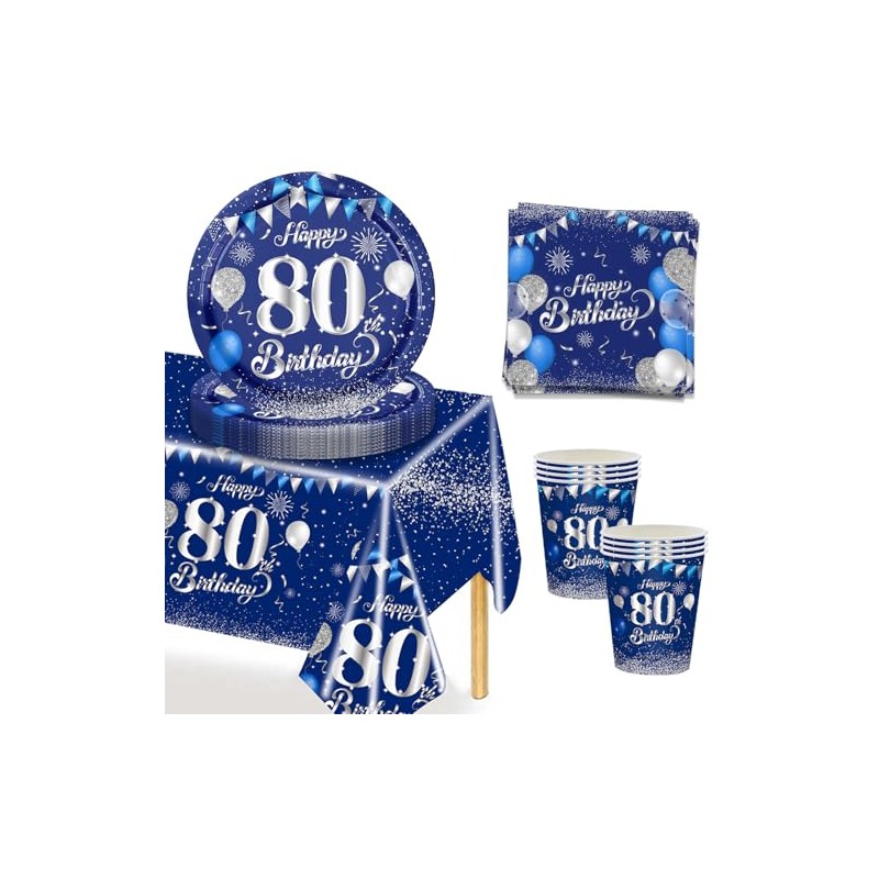 MORAINJAY 53Pcs Birthday Tableware Set for 80,Navy Blue Silver Tableware