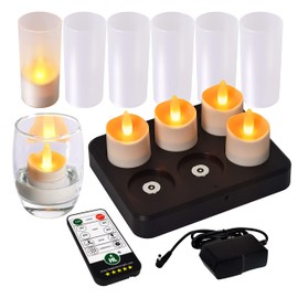 HL Flameless Candles with Remote Timer, 100+Hours Rechargeable Waterproof Battery Operated Tea Lights with Charging Base, Yellow LED Votive Floating Candles for Festival Wedding Home Party Decor-6pcs