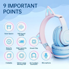 Cat Ears Wireless Earphone,Foldable Headphones with Kids Headphones, Soft Over Ear LED Light Music Headset,Adjust Headband,3.5mm Audio, Stereo Gaming Headset for Boys Girls Adults Gifts (Blue)