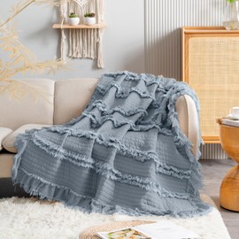 Ultra Soft Pre-Washed Quilted Boho Dark Blue King Size Blankets for Bed, Ruffle Fringed Decorative Throw, Stone Washed Chic Rustic Blanket for Sofa Couch Bed, 104"*90"