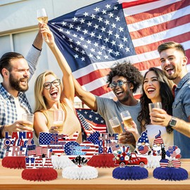 Memorial Day Decorations Honeycomb Centerpieces, KSKSPE [9PCS ]3D Memorial Day Table Decorations, Blue Red Memorial Day Centerpieces for Tables, Memorial Day Decorations for Office Decor