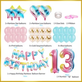 QIHONGC 13th Rainbow Birthday Party Decoration for Gradient color Birthday Balloons Happy Birthday Banner Foil Star Heart Balloons for Party Supplies (13th Rainbow)