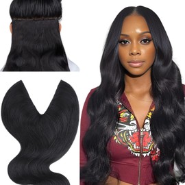 IDN BEAUTY V Part One Piece Clip in Hair Extensions Human Hair Combo Pack, Body Wave 16 Inch 120g 1pcs V Part and 2pcs Clip Ins For Black Woman Natural Black V Shape Lace Weft Seamless Invisible Edge